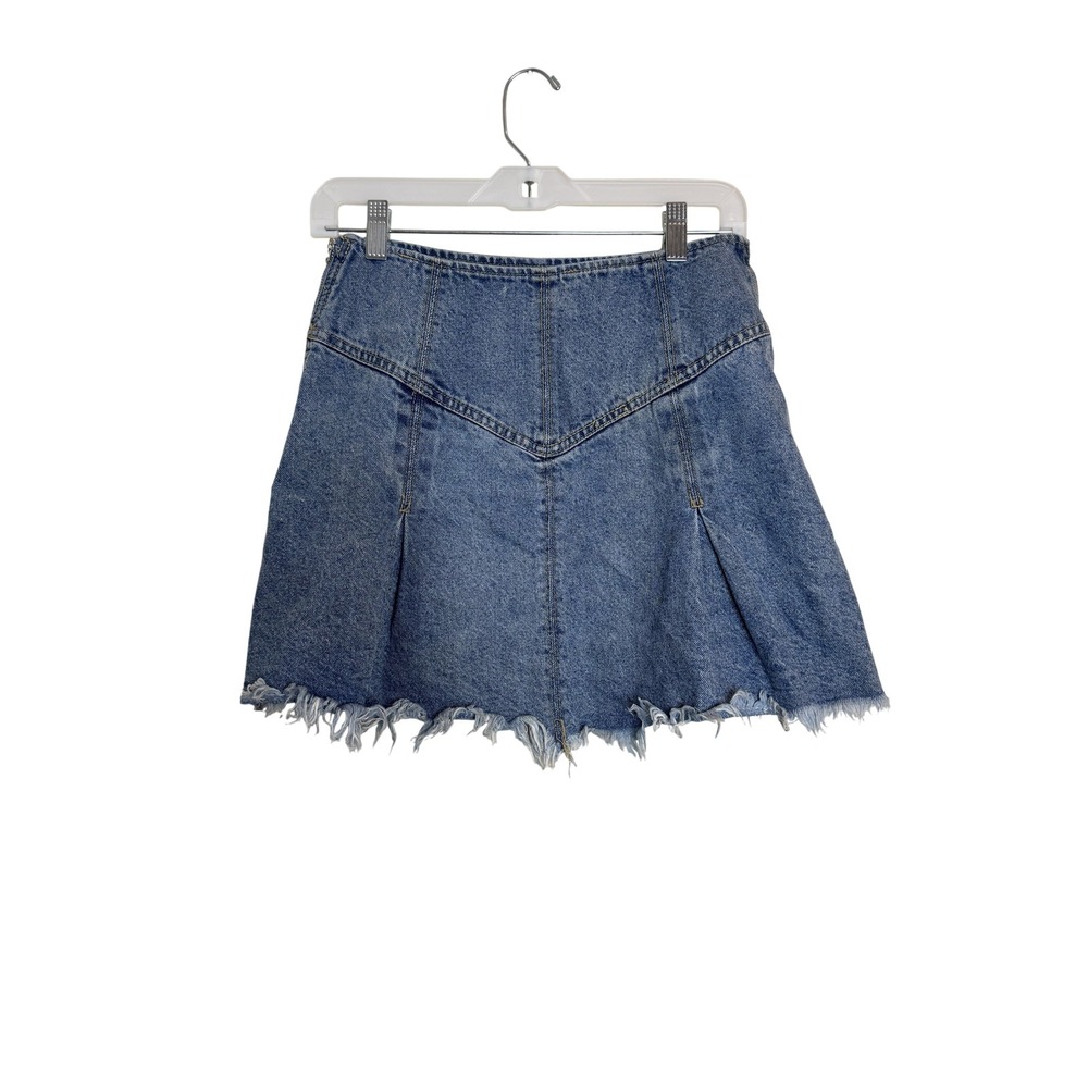 Free People We The Free Denim Skirt Womens 2 Blue Frayed Hem Pleated Y2K Mini